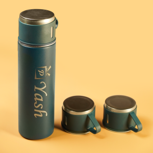 Name Printed Double Wall Stainless Steel Thermo 500ml Vacuum Insulated Bottle Water Flask Gift Set with Two Cups Hot & Cold